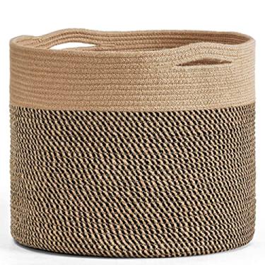 Imagem de Goodpick Cesta grande de corda de algodão 40 x 40 x 35 cm cesta de vime para cobertores, armazenamento de brinquedos para sala de estar, juta