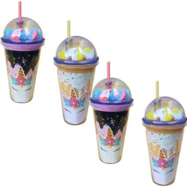 Imagem de kit 4 copos infantil unicornio para menina com canudo decorado 450ml -