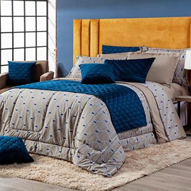 Imagem de Kit Edredom Estampado Cobertor CASAL PADRÃO 03 Peças Veneza Bege/Azul com Fronhas - Dupla Face Percal 200 Fios Algodão Toque Macio Cheio Grosso Volumoso