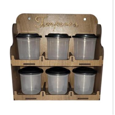 Imagem de Porta temperos em MDF com 6 potes de 220 gramas - CELOPLAST, Imbuia co