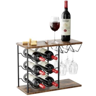 Imagem de Nuovoware Bancada, suporte de garrafa de vinho para 6 garrafas e 4 suportes de copos, organizador de armazenamento de vinho de metal para cozinha, bar, mesa, armário, adega, madeira