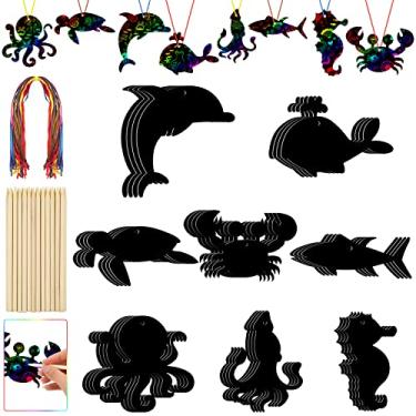 Imagem de Fuutreo 64 Pcs Sea Theme DIY Scratch Cards Set Birthday Party Supplies Favor Rainbow Color Scratch Art with Wooden Styluses Ribbon Craft Kit for Kid Birthday DIY Art Themed Party Classroom Decor