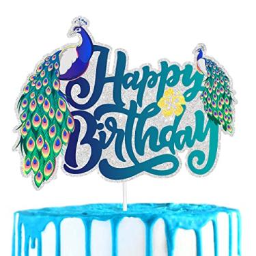 Imagem de Peacock Cake Topper Bird Themed Happy Birthday Zoo Decorations, A themed birthday party for a boy or girl, a bird wildlife party, a fairy themed party, or a themed baby shower decoration. SugarGera