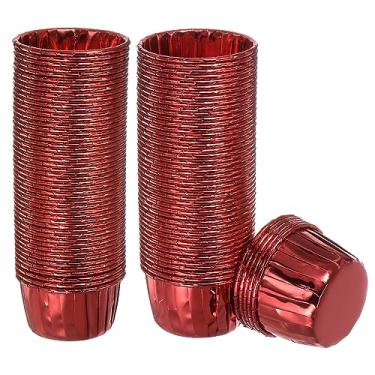 Imagem de HARFINGTON Copos de cupcake vermelhos, 100 peças de folha de alumínio 100 ml, forros de cupcake padrão, copos de cupcake para suprimentos de festa de aniversário, decorações de casamento