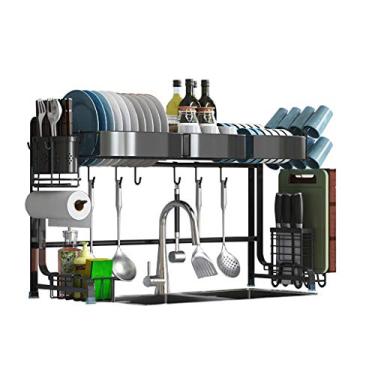 Imagem de Escorredor de louças sobre a pia, escorredor de pratos de aço inoxidável 304 com suporte de utensílios, ganchos para economia de espaço para suprimentos de cozinha, prateleira de armazenamento,