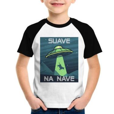 Imagem de Camiseta Raglan Infantil Suave na nave - Foca na Moda, Branco, Preto, 