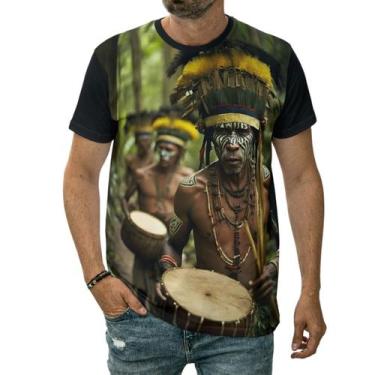 Imagem de Camiseta Indígena Índio Com Tambor Tribo Cacique Penas Cocar - Darkwoo