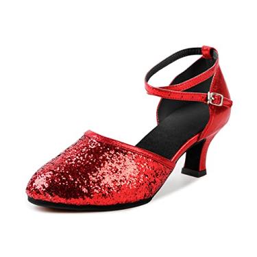 Imagem de OCHENTA Sapatos femininos de dança de salão latino salto gatinho lantejoulas glitter bico fino salsa tango festa sapatos camurça vermelho etiqueta 40 - EUA 8