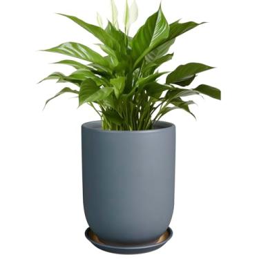 Imagem de SUNPOTFOR Vaso de cerâmica para plantas - Vaso de 20 cm para plantas de interior e exterior, vaso de flores grande com orifício de drenagem e pires para decoração de jardim doméstico cinza