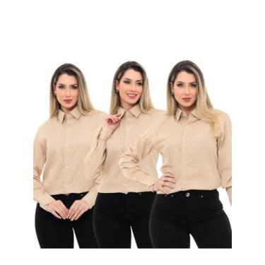 Imagem de KIT 3 Peças - Camisa Social Feminina Premium Tipo Linho Bege - Pthiril
