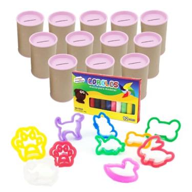Imagem de Kit 12 Cofres Papelão 36 Cortadores Formato Animais 2 Caixas de Massinha Modelar Lembrancinhas Aniversário Mundo Animal Pet (Cofre Rosa bebe)