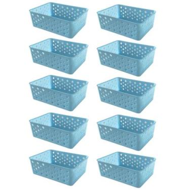 Imagem de Kit 10 Cestos Organizadores Azul Multiuso Médio Empilhável Gaveta Armá