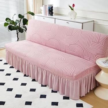 Imagem de Capa de futon sem braços com saia de babados, sofá-cama futon altamente elástica(Pink,Large (190-210cm))