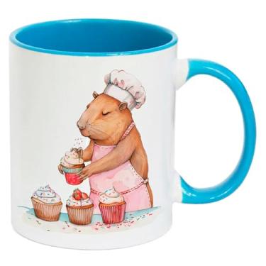 Imagem de Caneca Branca Interna Alça Azul Claro Porcelana - CAPIVARA MAMAE BOLO 4