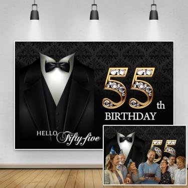 Imagem de TTQYFNM 3 x 2,4 m Happy 55th Birthday Backdrop Gentleman Black Smoking Suit Necktie Hello Fifty Five Photography Background for Men Pai Birthday Party Decoration Cake Table Banner Photo Studio