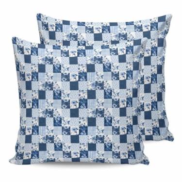 Imagem de Capas de almofada impermeáveis ao ar livre, flores azuis do país, fronha quadriculada floral pastoral para cama, sofá, sofá e móveis de pátio, 45,7 x 45,7 cm, pacote com 2 protetores de almofadas
