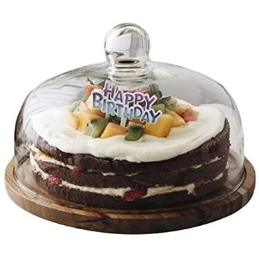 Imagem de RVGOJHYF Suporte de bolo de cúpula, forma de bolo doméstica, placa de exibição de cozinha, capa de vidro, bandeja de madeira maciça, bandeja de decoração de mesa, prato de decoração de mesa, suporte