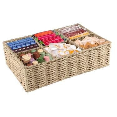 Imagem de Organizador de saquinhos de chá, suporte de pacote de açúcar, suporte de saquinho de chá, cesta de armazenamento de vime tecida à mão com 6 compartimentos, organizador de estação de café para bancada