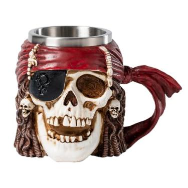 Imagem de Caneca de caveira bandana pirata caribenha canecas de café com alça, aço inoxidável e resina caneca de café caneca de cerveja copo vida de pirata bêbado para mim bucaneer acessório de jantar de