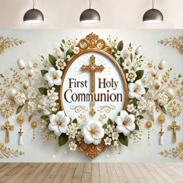 Imagem de Pano de fundo de batismo de flores brancas para sessão de fotos Peace Dove Bíblia God Bless Batismo Party Background My First Communion Party Decor Baby Shower Batismo Retrato de fundo (18 x 1,5 m)