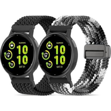 Imagem de Oanux Pacote com 2 pulseiras magnéticas trançadas compatíveis com Garmin Vivoactive 5/Vivoactive 6/3/3 Music, pulseira esportiva macia de nylon elástico de 20 mm para Venu Sq 2 e Forerunner 55/165/245