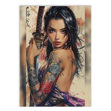 Imagem de Placa Decorativa Gueixa Samurai Espada Ilustração Japão Tattoo Decoração Poster Quarto Sala