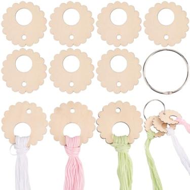 Imagem de GORGECRAFT 100 peças de flores de madeira bordado fio dental chips 2,2 polegadas placa de ponto cruz suporte de cartão com anel de fio dental para artesanato de fio de algodão cruzado, acessórios de