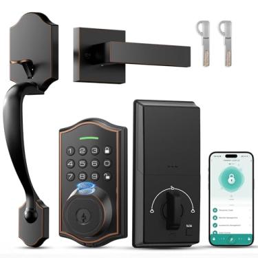 Imagem de POWIFY Fechadura de porta de entrada sem chave com alça, conjunto de fechadura inteligente de impressão digital, controle de aplicativo, fechadura de teclado eletrônico com alavanca, antiespiar, trava