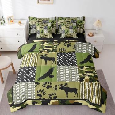 Imagem de Feelyou Conjunto de cama solteiro rústico de 7 peças, para meninos, adolescentes, crianças, fazenda, caça, camuflagem, caçador, urso, alce, animal, cama em uma bolsa, decoração de casa