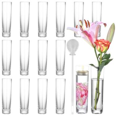 Imagem de AJARAERA Vasos cilíndricos de vidro para centros de mesa – Conjunto de 16 vasos de flores transparentes feitos à mão com 17,5 cm de altura, decoração de mesa de casamento para vasos de botão de rosa