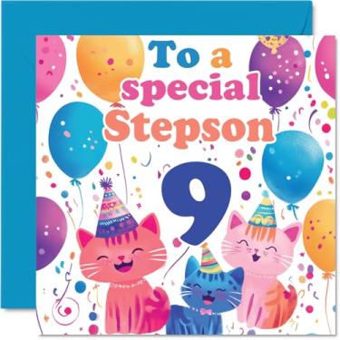 Imagem de Cartão de aniversário 9th Step Son - Cute Cats Special Step Son - Cartão de feliz aniversário de 9 anos para enteado da madrasta, 145 mm x 145 mm, 9 e nove cartões comemorativos para enteado