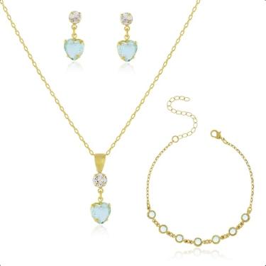 Imagem de Kit Semijoia Banhado Ouro 18k - Pulseira, Corrente, Pingente e Brincos Coração Azul