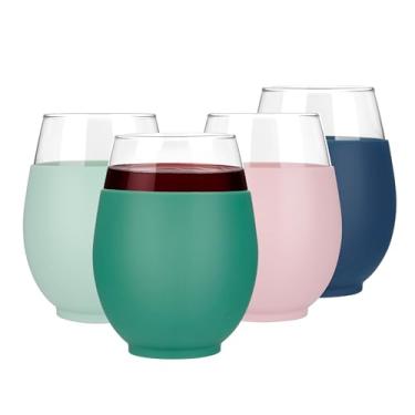 Imagem de Tronco Conjunto de 4 taças de vinho sem haste reutilizáveis de 590 ml com manga de silicone para vinho tinto ou branco e coquetéis, lavável na lava-louças, livre de BPA, presente perfeito para bar em