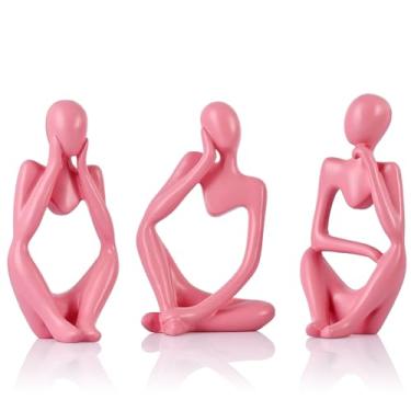 Imagem de Decoração de estátua de pensador rosa para suporte de TV, prateleira, mesa ou mesa de centro - Conjunto de 3 estatuetas de resina para objetos decorativos de sala de estar, escultura moderna