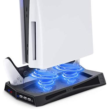 Imagem de Suporte vertical com ventilador de refrigeração para console PS5 e PlayStation 5 Edição Digital, estação de carregamento com controle duplo organizador horizontal com 3 hub USB para DualSense 5