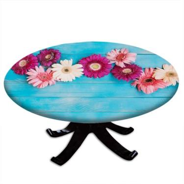Imagem de ESFVRG Tábuas de madeira toalha de mesa redonda, tábuas de madeira antiga estilo rústico com padrão floral, adequada para festas de cozinha de restaurante, adequada para mesa de 61 cm