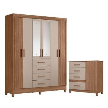 Imagem de Guarda Roupa Solteiro Aruba com Espelho e Cômoda Vênus com Pés Carvalh