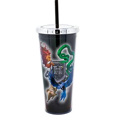 Imagem de Spoontiques - Copo de folha acrílica com canudo - 20 - Tampa de bloqueio metálico com canudo - Isolamento de parede dupla - Sem BPA - brasão de Harry Potter