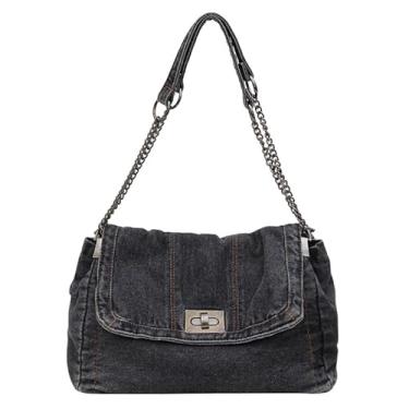 Imagem de Bolsa jeans feminina bolsa jeans com corrente ajustável bolsa tiracolo retrô com zíper moderno Hobo bolsa preta