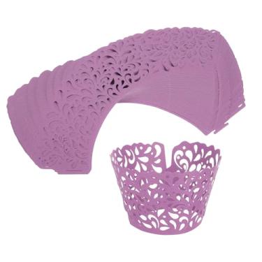 Imagem de HARFINGTON 50 peças de forros de cupcake, gotículas de água, vazadas, artísticas, embalagens, copos descartáveis a granel para decoração de festa de aniversário de casamento, bolo, sobremesas, roxo