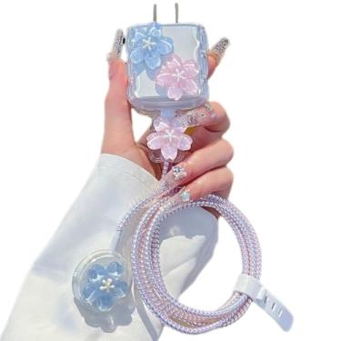 Imagem de Capa protetora de cabo de dados floral compatível com iPhone Smartwatch Watch Series Ultra2/Ultra/S9/8/7 adaptador de carregador, capa de carregador floral para iWatch USB-C, carregador