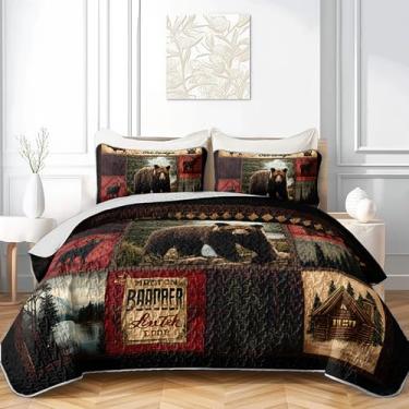 Imagem de AILONEN Jogo de cama King Size com ursos e veados para caça - colcha rústica de urso de cabana + 2 fronhas, capa de cama macia e leve para a vida selvagem, 3 peças