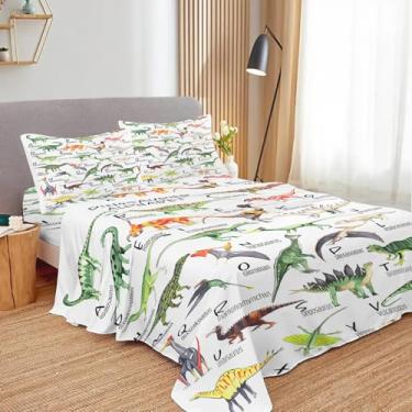 Imagem de Jogo de lençol casal infantil de dinossauro, microfibra macia e respirável, 1 lençol com elástico, 1 lençol de cima e 2 fronhas