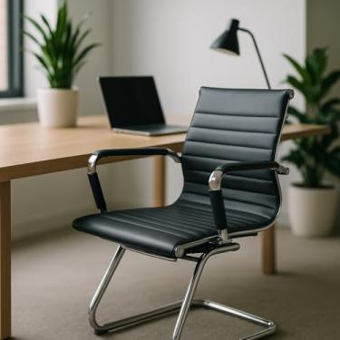 Imagem de Cadeira De Escritório Simples Interlocutor Com Base Fixa Baixa Stripes Esteirinha Charles Eames Eiffel Preta