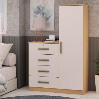 Imagem de Cômoda Genialflex Aurora com 1 Porta, 4 Gavetas, 3 Prateleiras e 107,5cm de largura - Freijó/White Laca