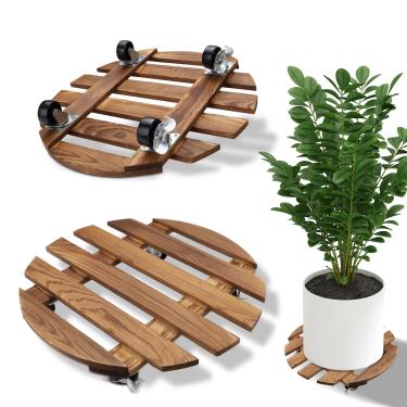 Imagem de QZWEXAZ Pacote com 2 suportes para plantas de 35,5 cm com rodas resistentes, suporte redondo com rodízios giratórios de 360°, carrinho de madeira maciça com rodízios bloqueáveis para vasos de plantas