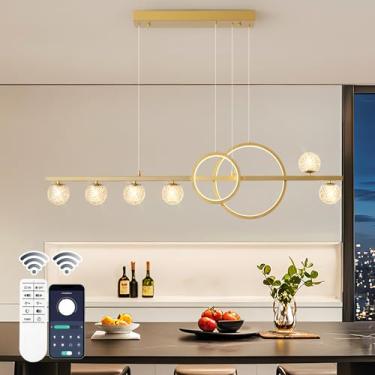 Imagem de ORANOOR Lustres dourados modernos para sala de jantar, lustre de LED regulável de 119,4 cm, luz pendente de ouro linear para ilha de cozinha, 6 globos atualizados para iluminação pendente pendente (2