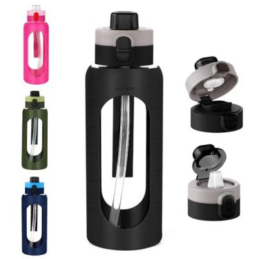 Imagem de ANOTION Garrafa de água de vidro de 1,134 g, garrafa de água esportiva grande com tampa dupla para bebidas, garrafas de vidro transparentes à prova de vazamentos com canudo, jarro motivacional com
