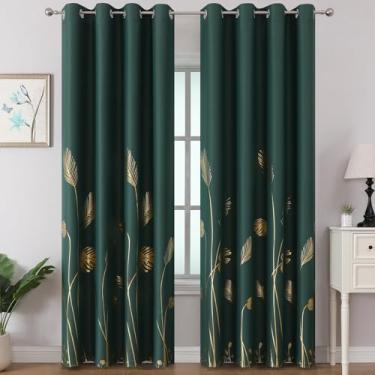 Imagem de Estelar Textiler Cortinas blecaute verdes para sala de estar 246 cm de comprimento, cortinas de janela estampadas com folhas de palmeira douradas, escurecimento de ambiente, cortinas com ilhós