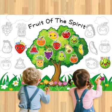 Imagem de Pôster de coloração de frutas, pôster de grafite de festa com tema de frutas de 75 x 109 cm para crianças, artesanato para decoração de parede de sala de aula, toalha de mesa colorida para aniversário